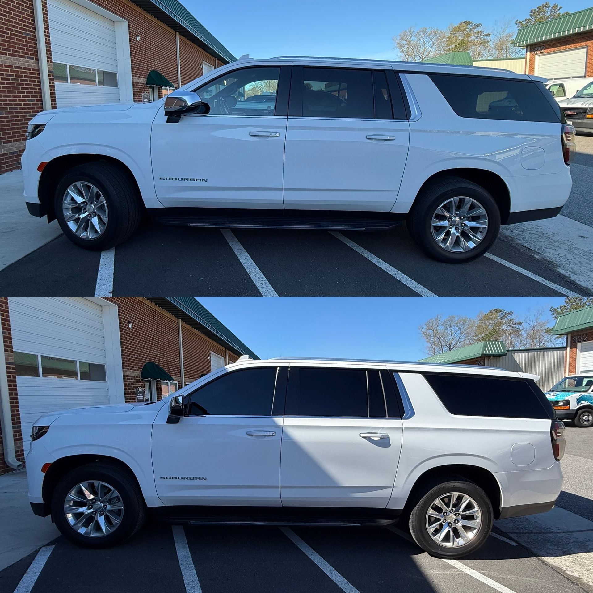 White SUV parked beside a brick building, shown in side view in two different photos.