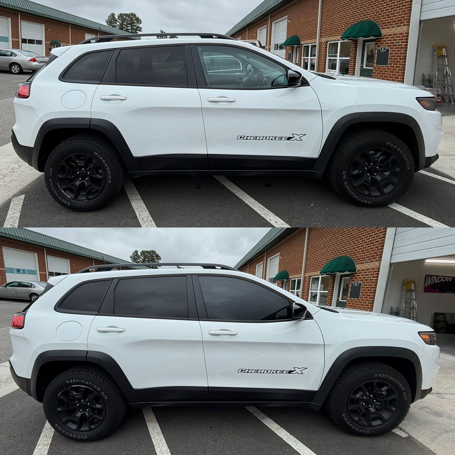 White SUV with black wheels parked in a lot, shown in two stacked side-view photos