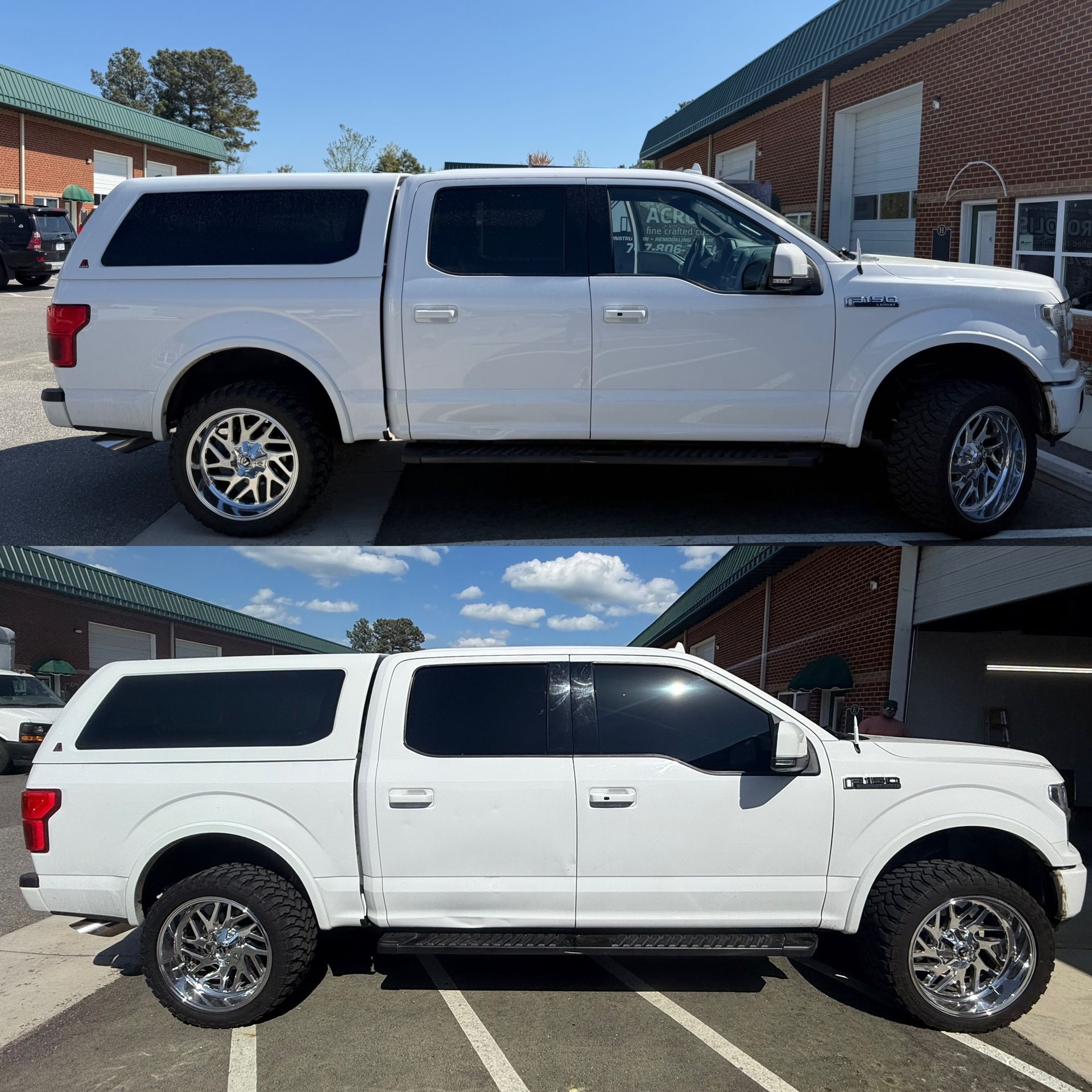 White pickup truck with canopy shown in two side-view photos outside a brick building.