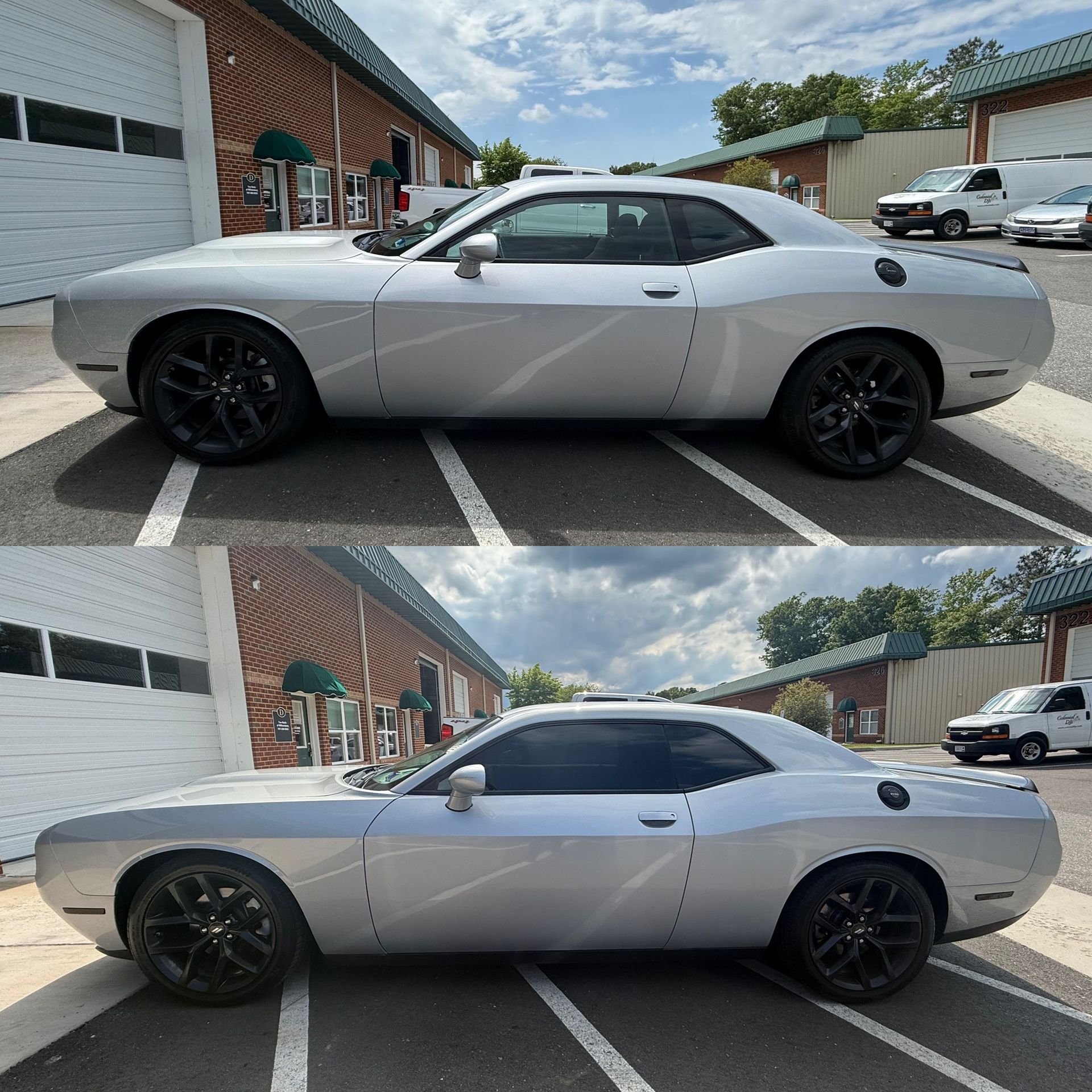 Silver sports coupe parked in a lot, shown in side view and again with a lower stance.