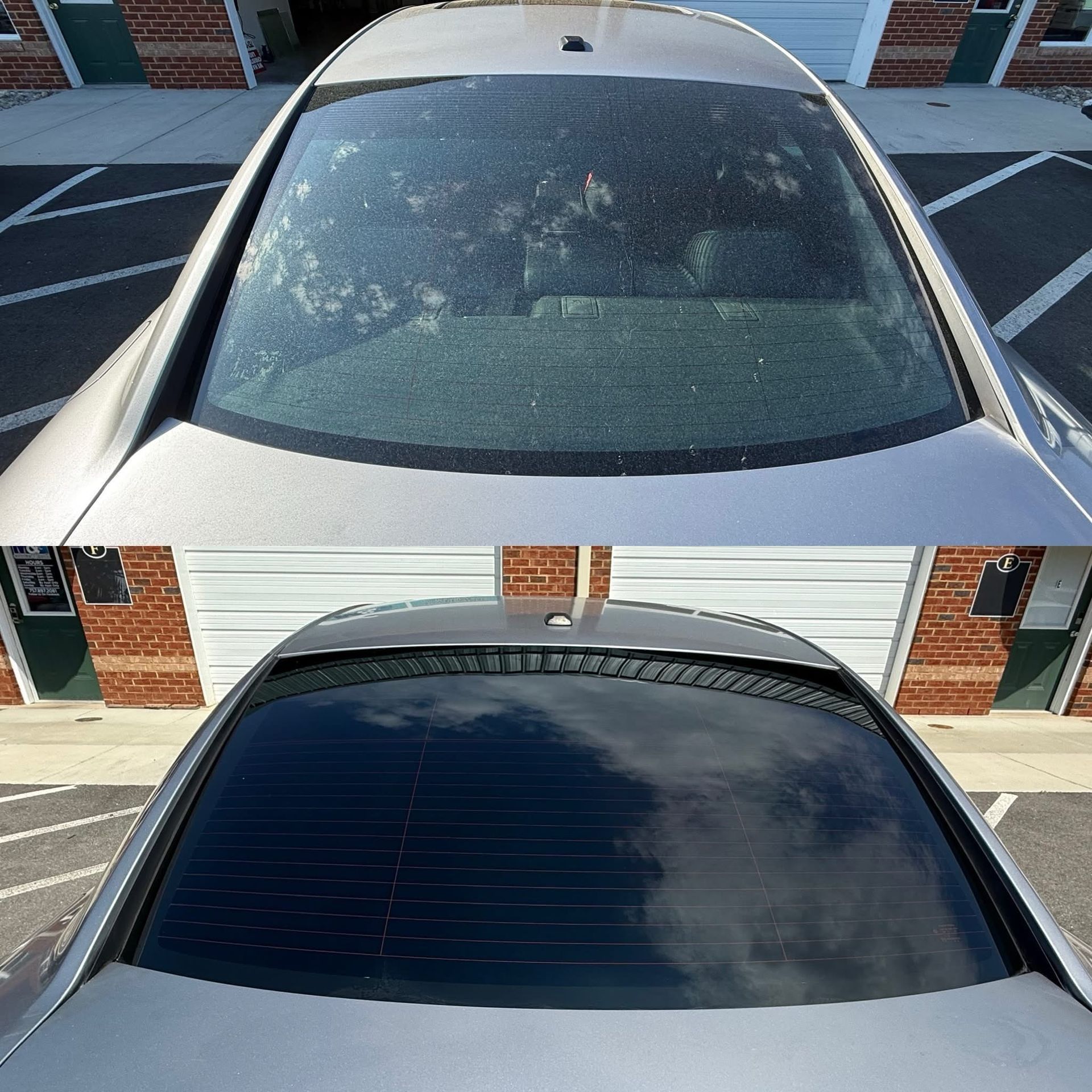 Rear windshield tint replacement for a car.