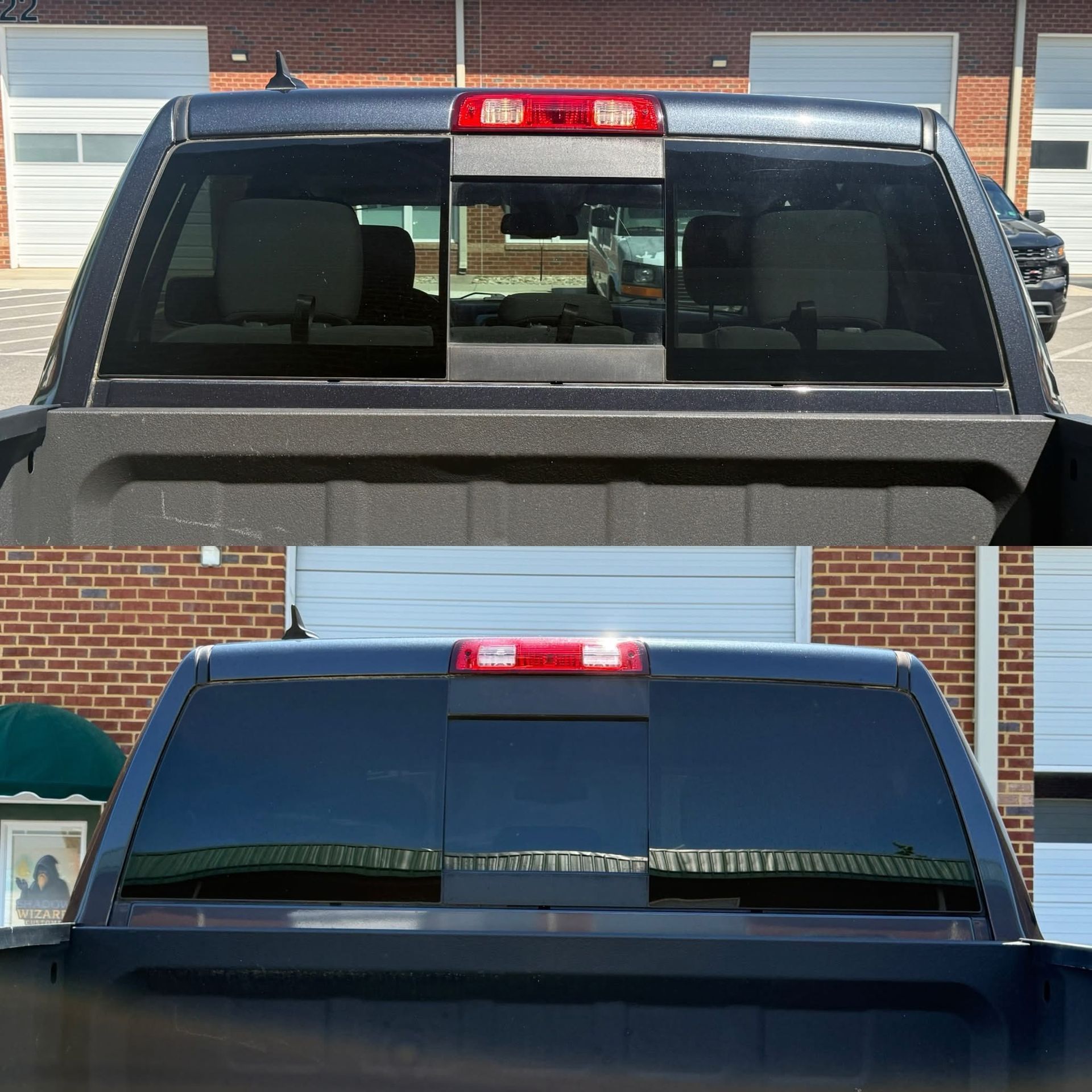 Rear windshield tint replacement for a pick-up truck.