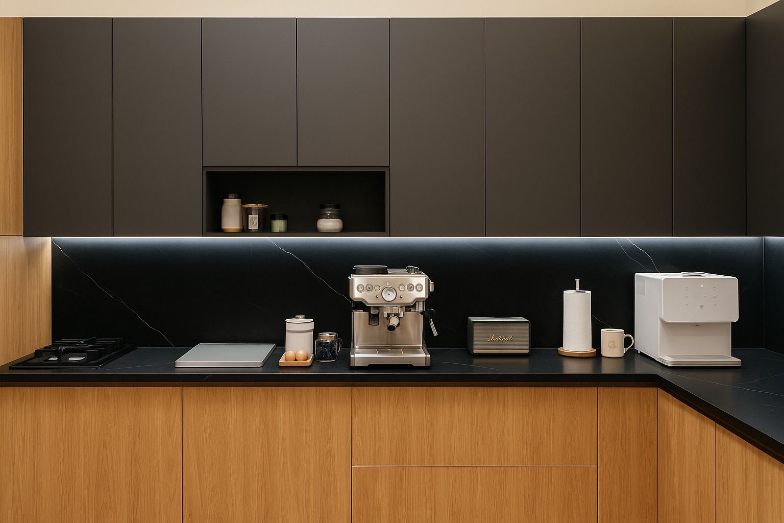 Modern kitchen with black upper cabinets, wooden lower cabinets, coffee maker, and other appliances.