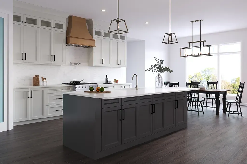 Modern kitchen with gray island, white cabinets, and wooden range hood. Dining table and large windows.