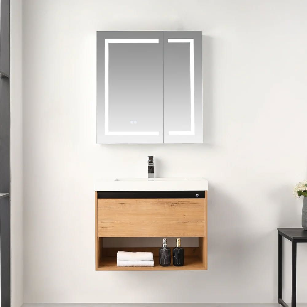 Modern bathroom vanity with a lighted mirror and wooden cabinet.