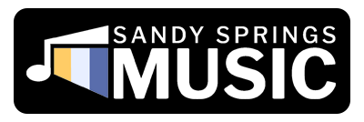 Sandy Springs Music logo with a musical note, rainbow colors, and text on a black background.