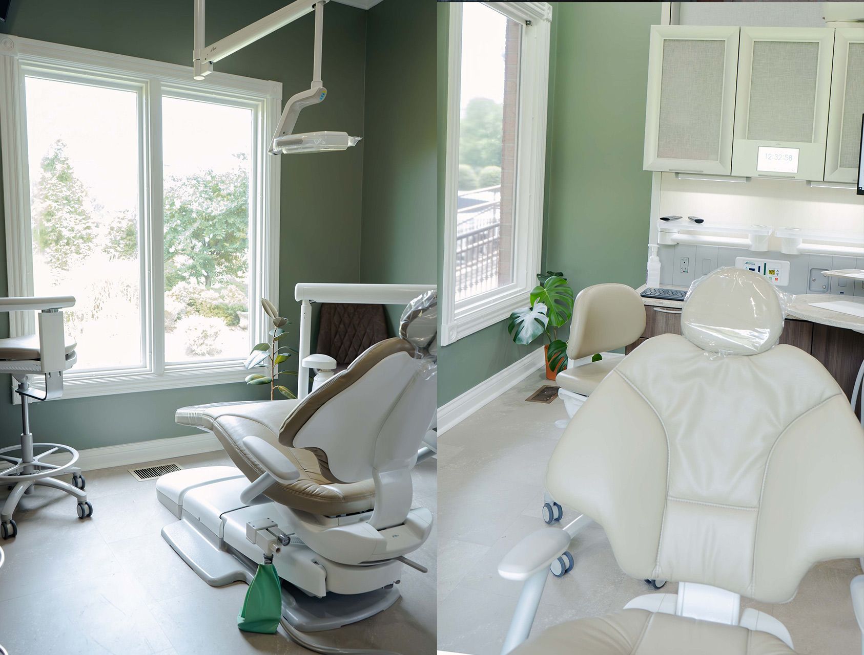 Two pictures of a dental chair in a dental office