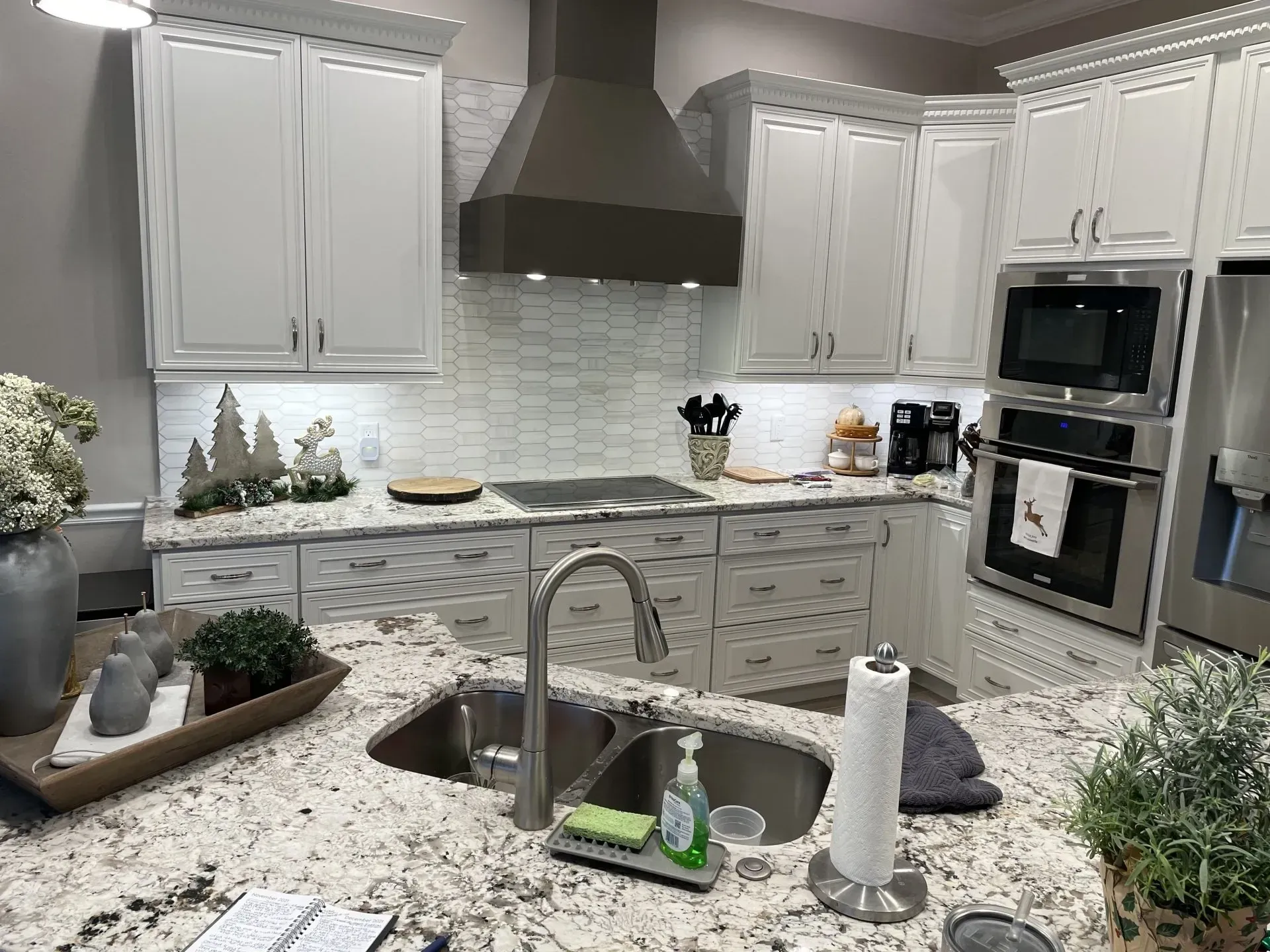 Bright white kitchen with granite island, sink, stainless appliances, and potted plants.