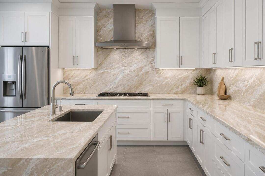 Modern white kitchen with marble countertops, stainless steel fridge, island sink, and range hood