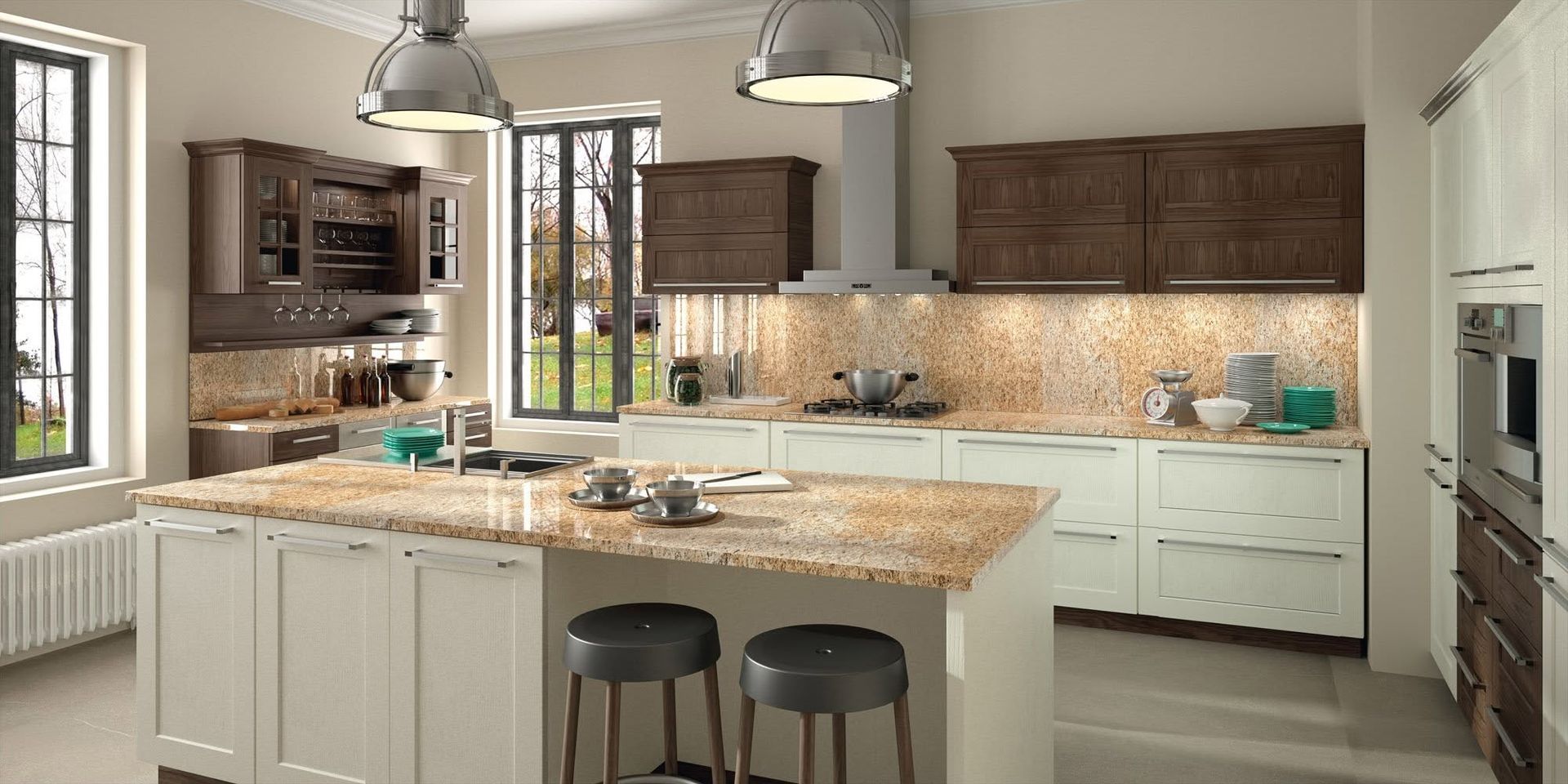 Modern kitchen with white island, dark wood cabinets, pendant lights, and a window over the sink