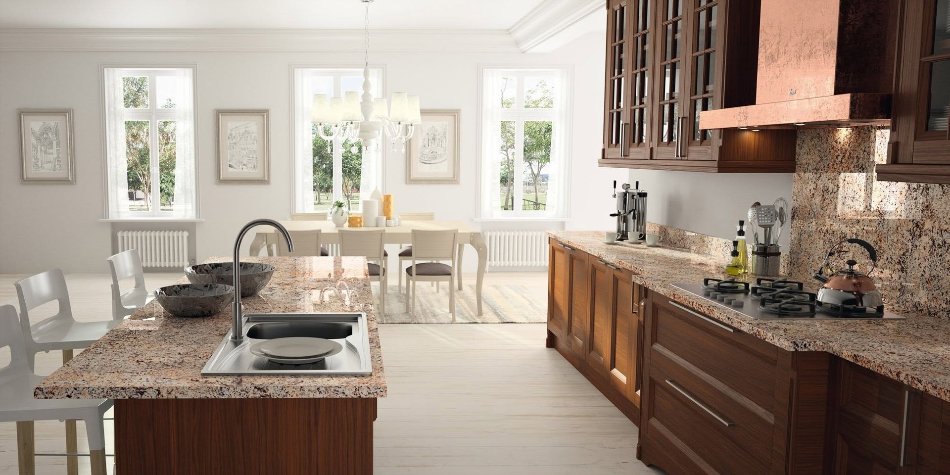 Bright modern kitchen and dining area with granite island, white chairs, and large windows