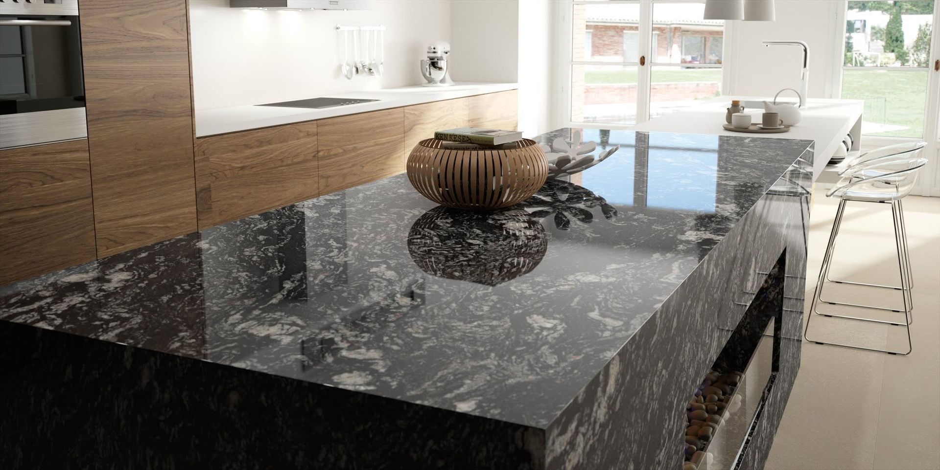 Modern kitchen with black marble island, wood cabinetry, and white bar stools by a bright window