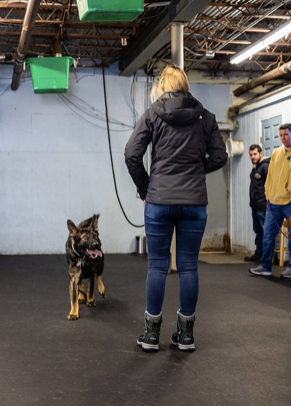 A woman and dog in a training area. The dog faces the woman as she stands. Two men stand in the background.