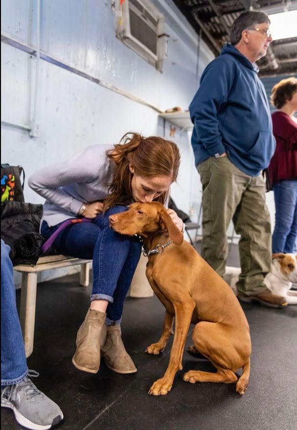 Woman kissing a brown dog sitting by her feet, with people in the background.