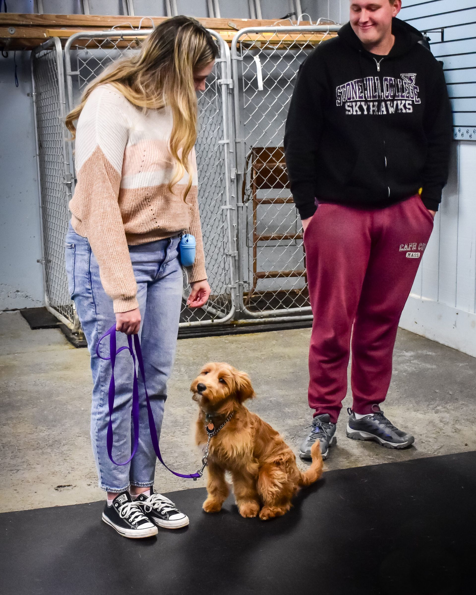 Woman training a small, brown dog on a leash; another person looks on. Indoors.