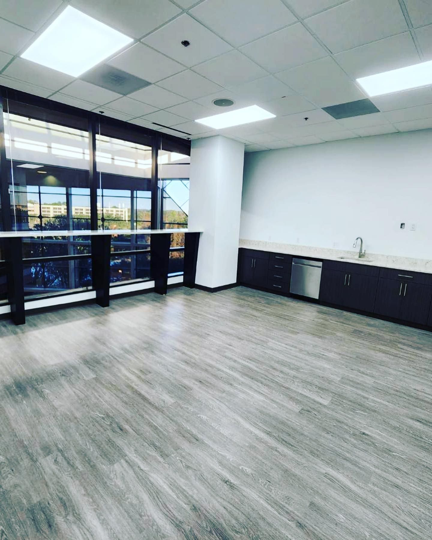 An empty modern office breakroom with gray wood-look flooring, dark brown cabinets, a stainless steel dishwasher, and desk.