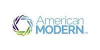 Logo for American Modern insurance company, with a circular abstract design in colors of purple, green, and blue. Text reads