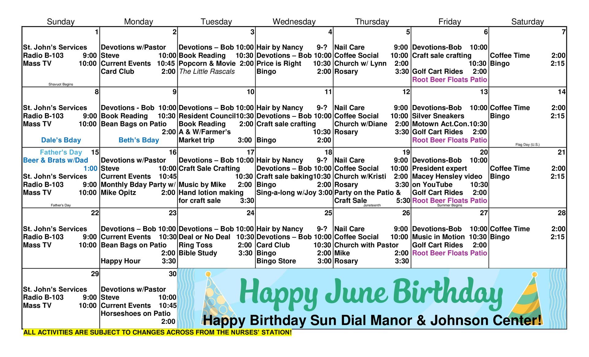 June 2025 Activity Calendar
