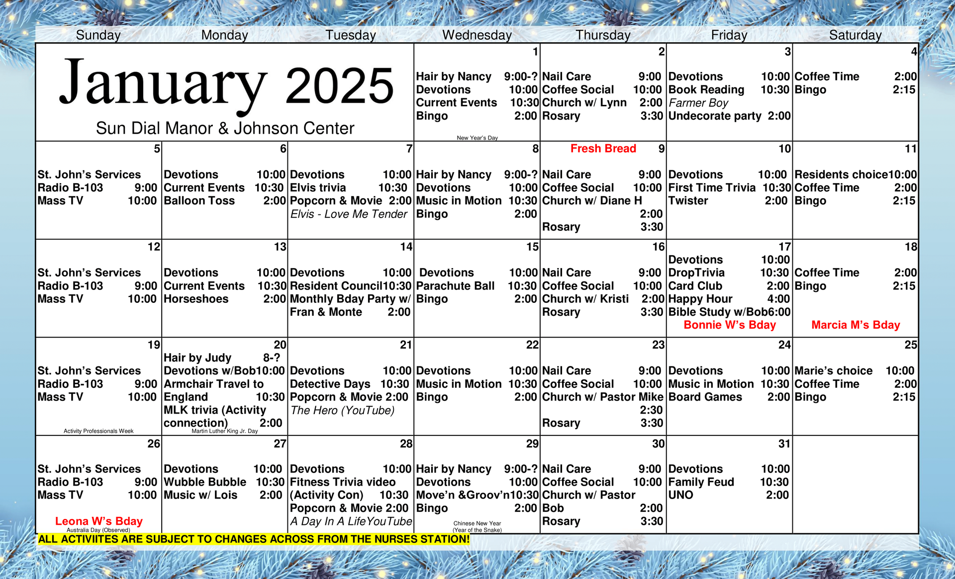 January 2025 activity calendar