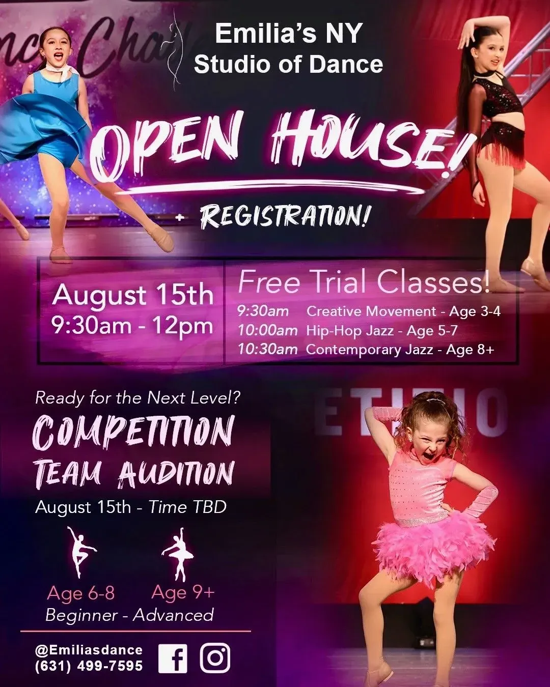 Dance studio open house and competition team audition flyer in purple and pink, with class details and dates