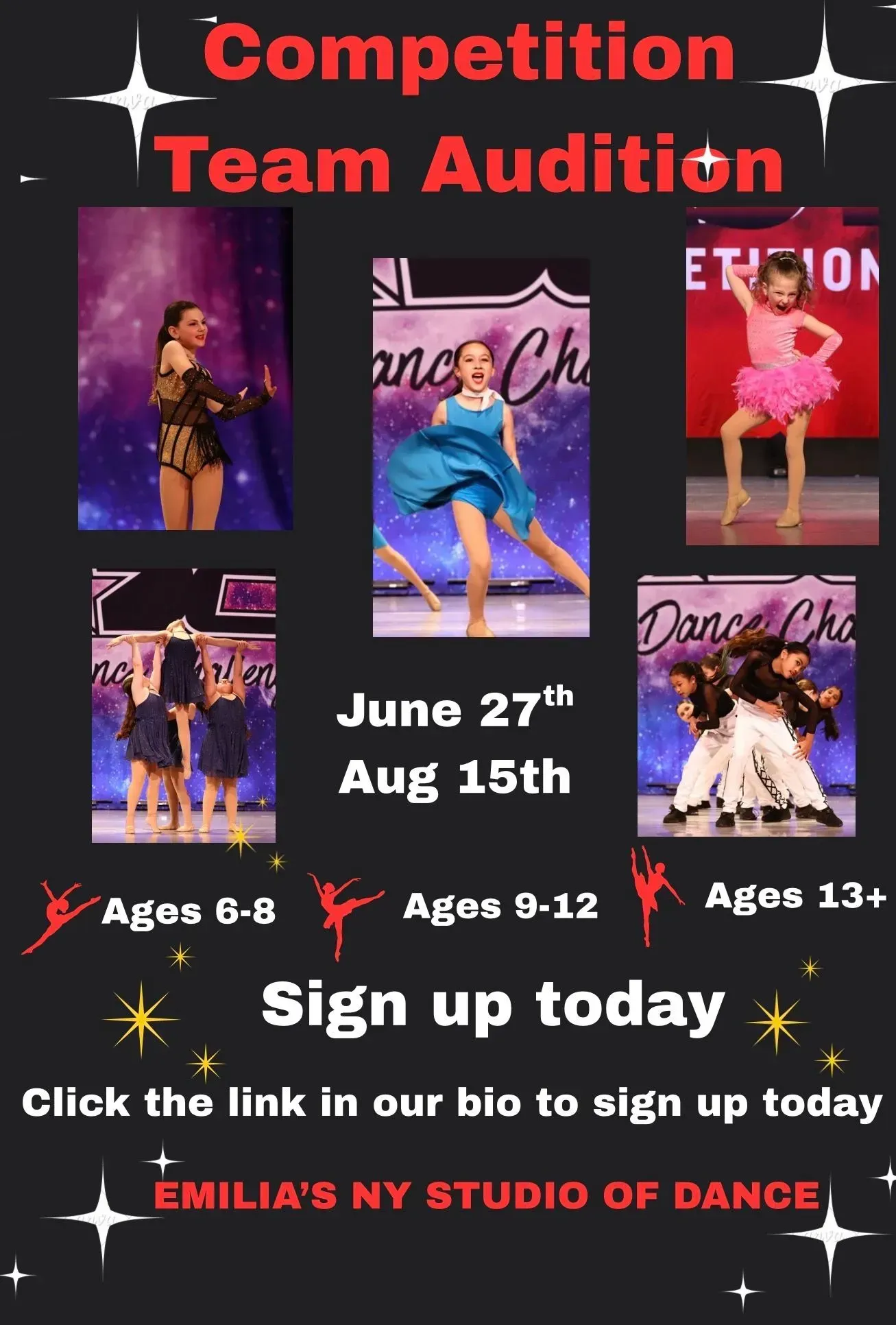 Competition Team Auditions flyer with dancers, June 27 and Aug 15, sign up today.