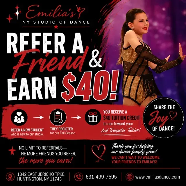 Dance studio promo: girl in black costume beside text “Refer a friend & earn $40!”