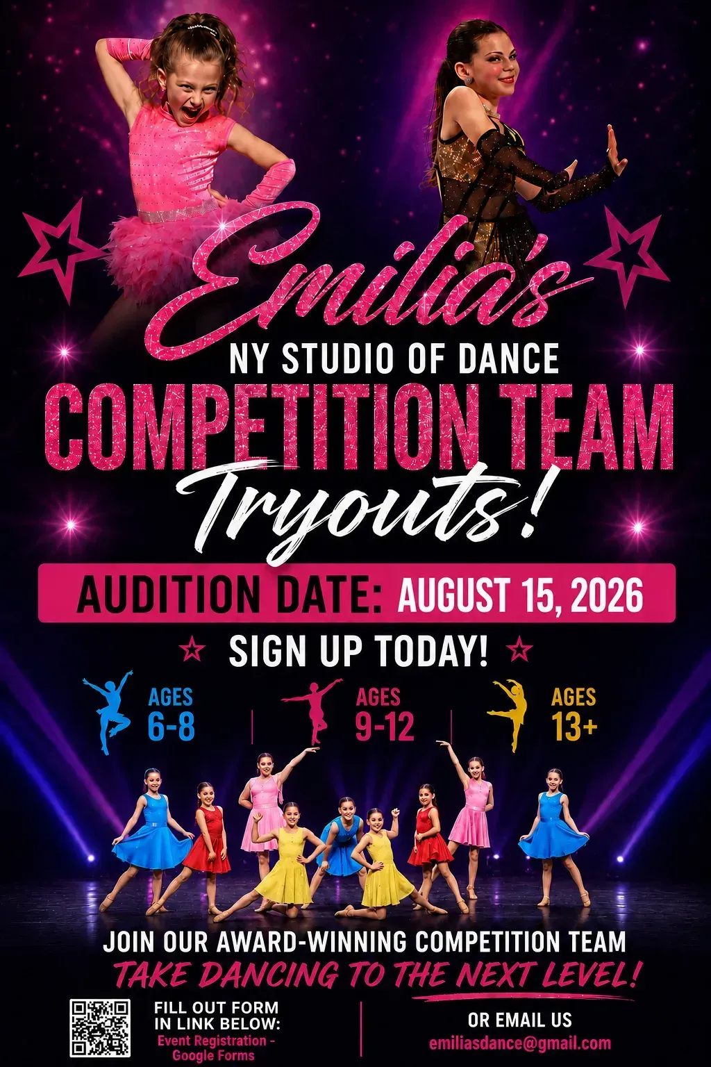 Emilia’s SY Studio of Dance competition team auditions poster with neon pink dancers and date details
