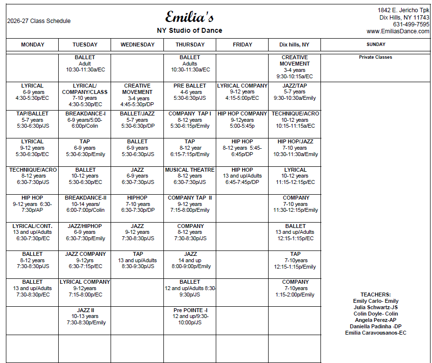 Weekly church schedule table titled Emilias with service times and locations in a grid.