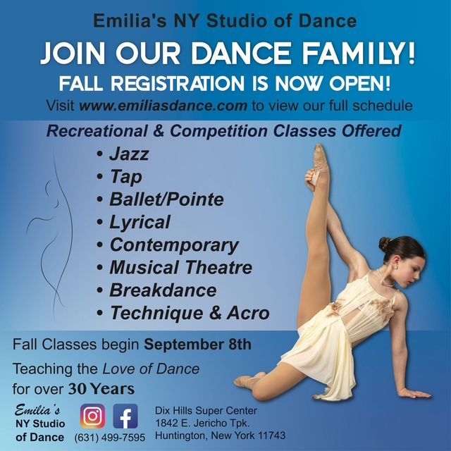 Dance studio advertisement with a dancer performing a pose. Classes offered.
