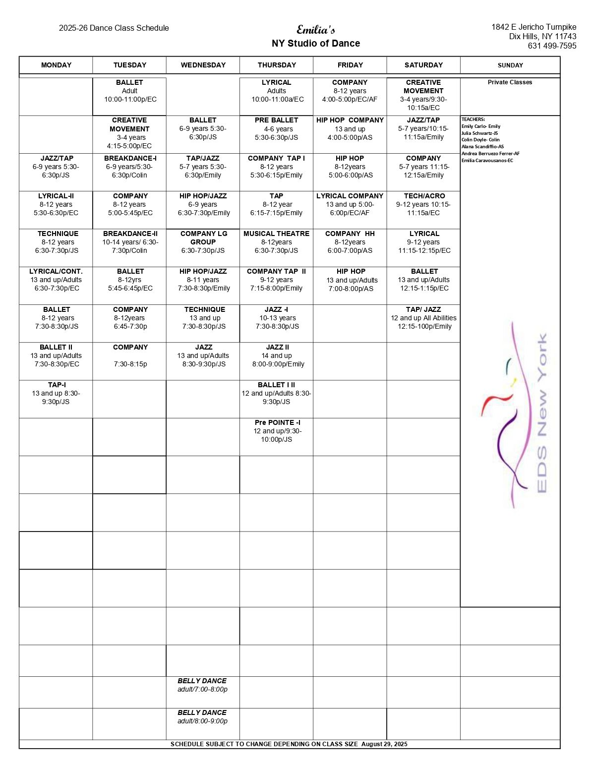 Fall Schedule 2025-2026