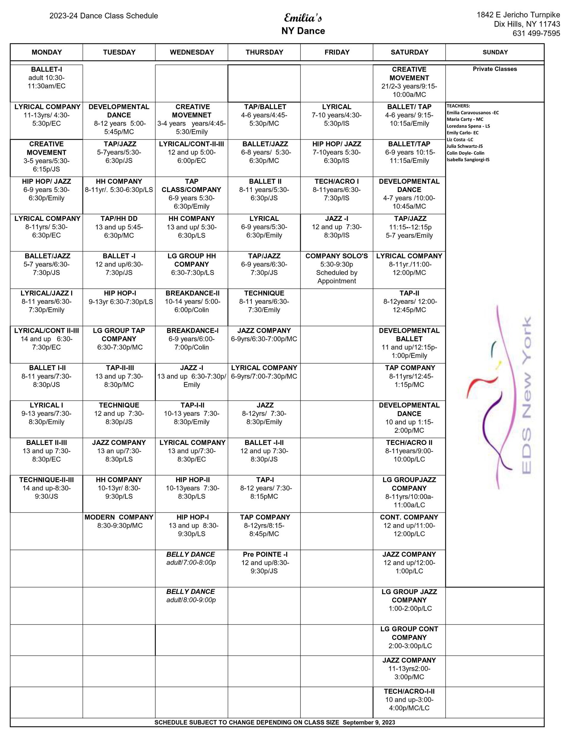 2023-24 Fall Dance Class Schedule