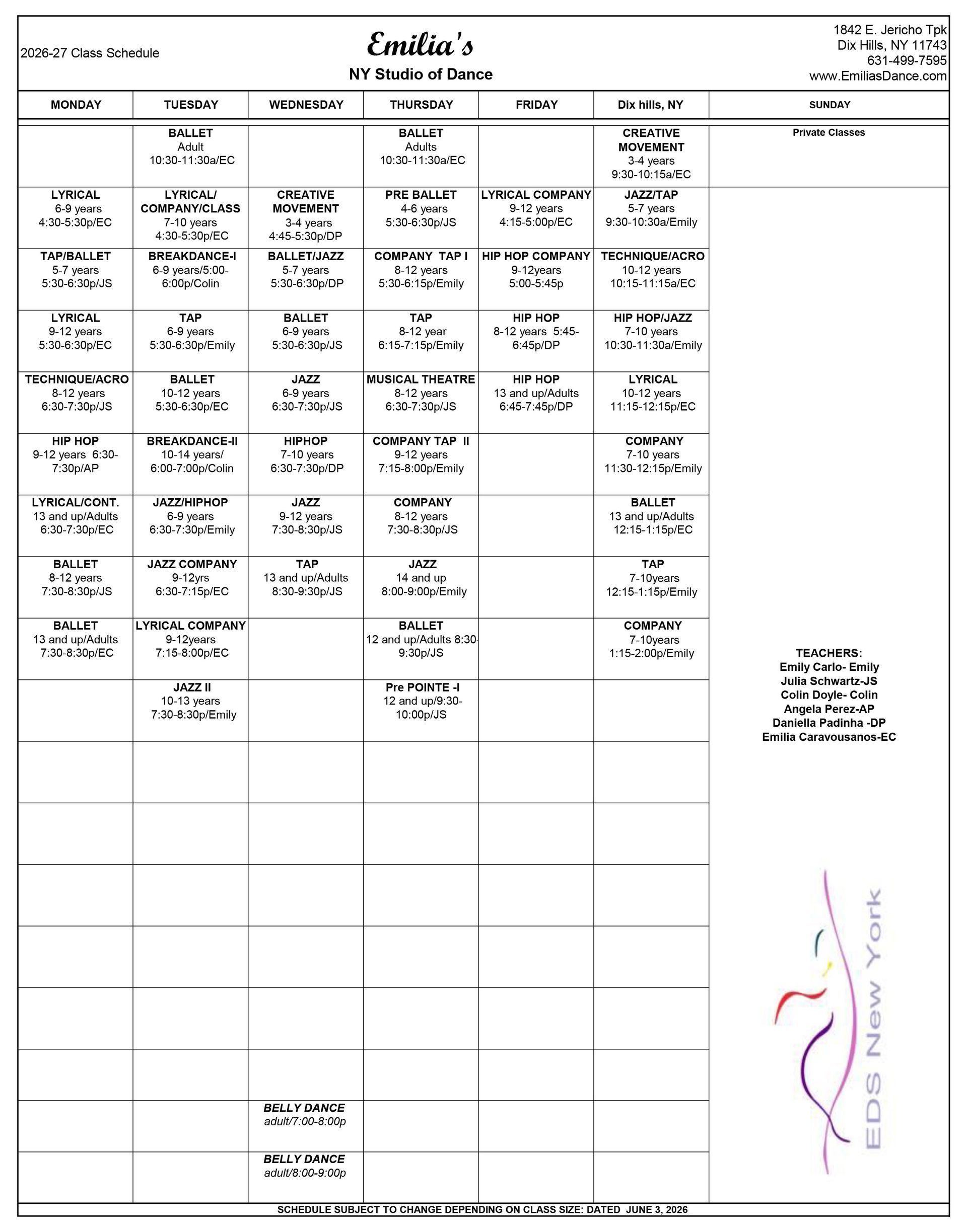 Black-and-white weekly schedule table with columns, handwritten entries, and a small logo on the right.