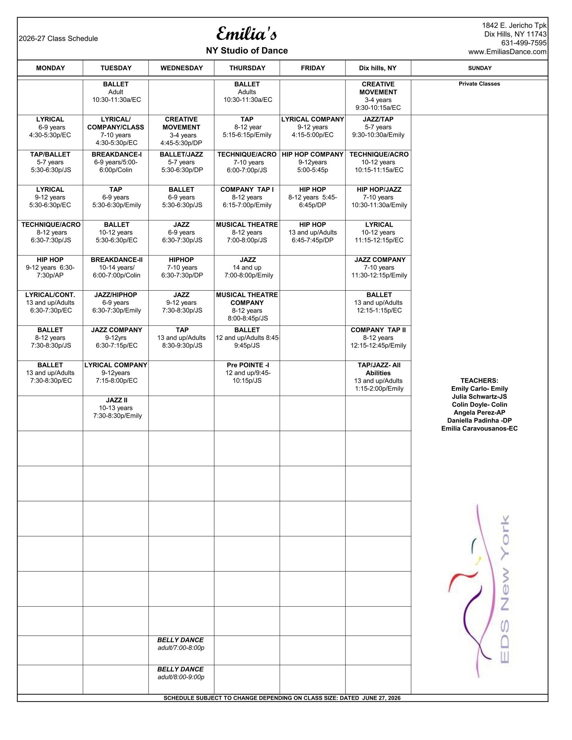 Black-and-white weekly schedule table with columns, handwritten entries, and a small logo on the right.