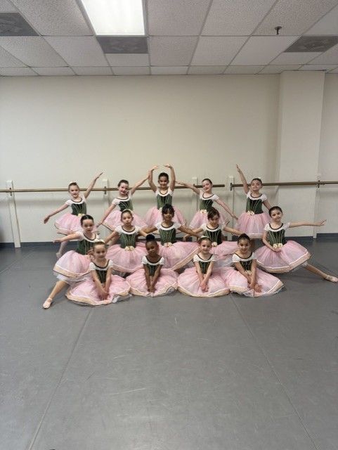 Group of young dancers in pink costumes posing in a dance studio.