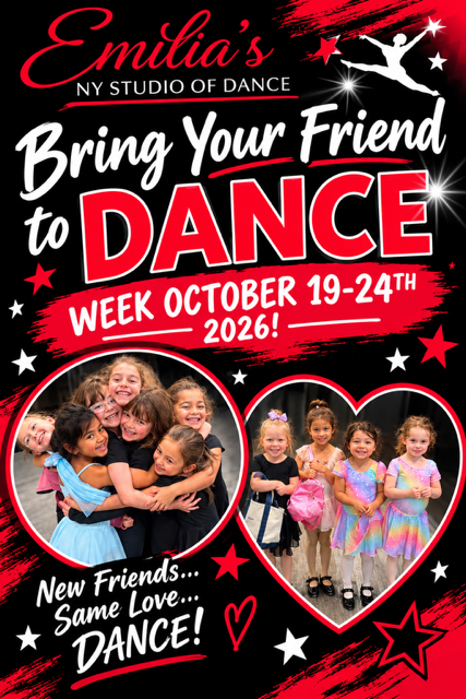 Emilia's studio dance flyer: “Bring Your Friend to Dance,” week October 19–24, 2026, with dancers in pink hearts