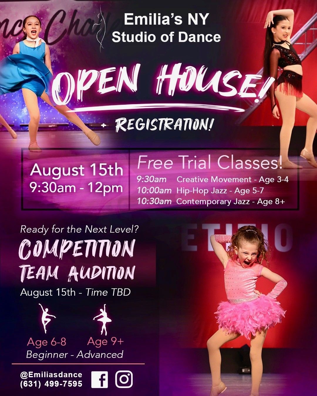 Emilia's NY Studio dance open house flyer with registration, free trial classes, and competition team audition info