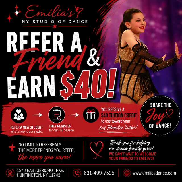 Emilia’s dance studio referral ad with a smiling dancer in black and red on a purple background, promoting $40 rewards