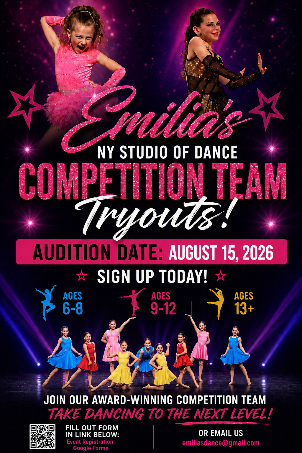 Emilia’s Studio of Dance competition team audition poster in pink and black with dancers and event details