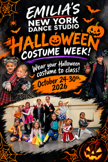 Emilia’s New York Dance Studio Halloween costume week flyer with dancers in costumes, orange and black design, Oct 24–30, 2026