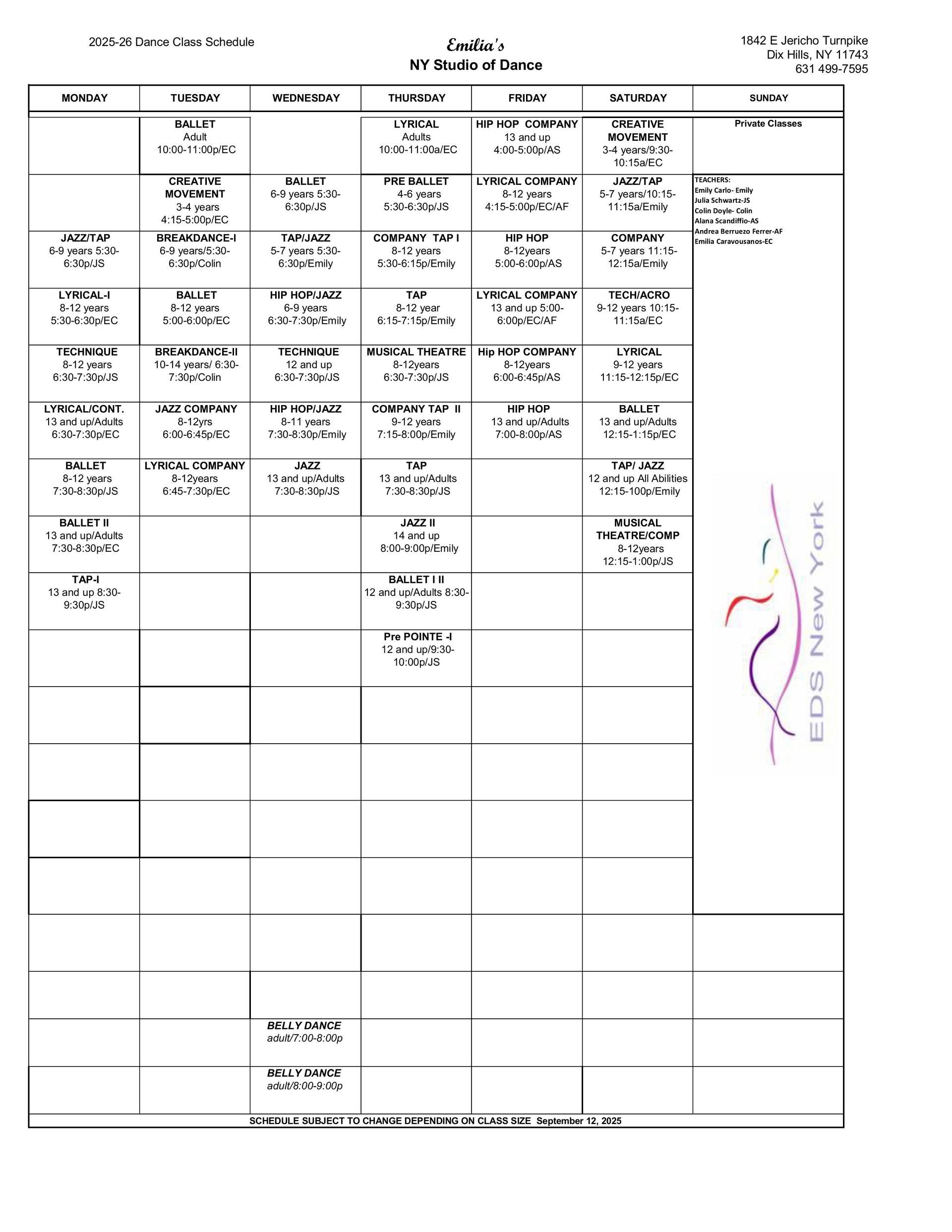 Fall Schedule 2025-2026