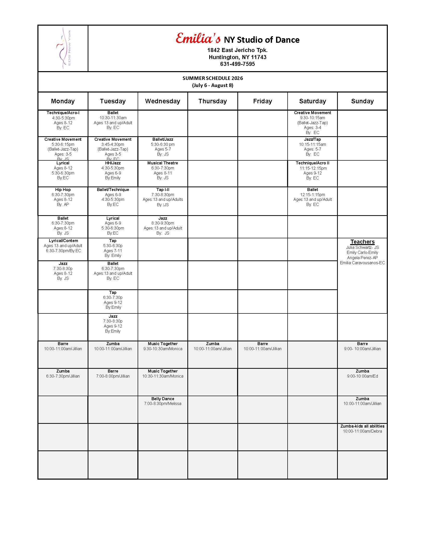 Weekly class schedule for Emilia’s 5P Studio of Dance, displaying dance lessons organized by day and time. 