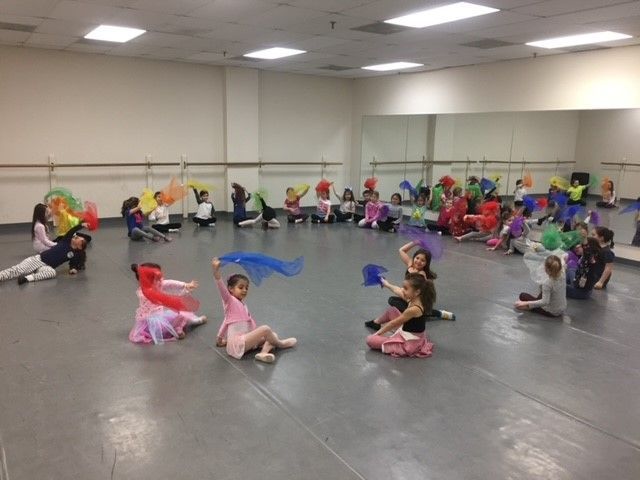 Children in a dance studio sit in a circle, waving colorful scarves. They are facing inward, with a mirror in the background.