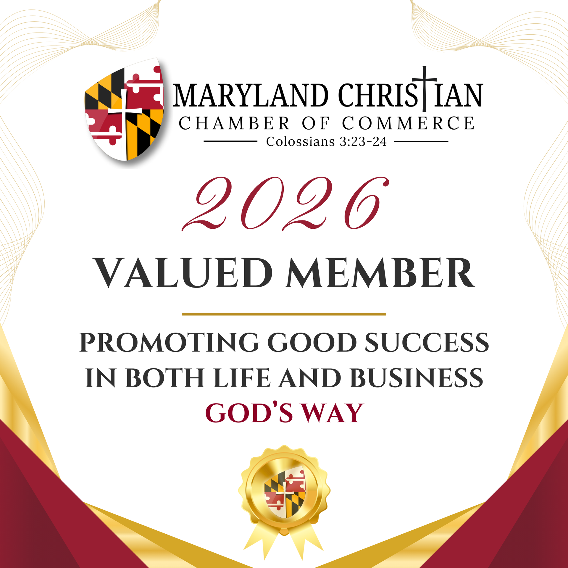 2026 Maryland Christian Chamber of Commerce valued member certificate with maroon, gold, and white accents.