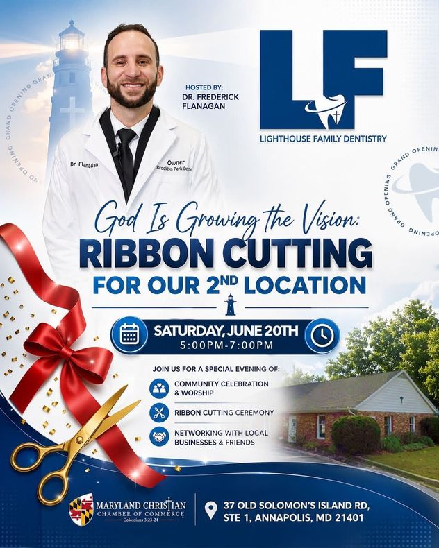 Ribbon-cutting flyer for LF’s 2nd location, with man in white coat, red ribbon, and June 20 event details