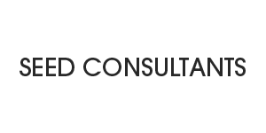 A black and white logo for seed consultants on a white background.