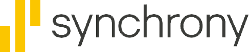 Synchrony logo with gray text and two yellow vertical bars on white background