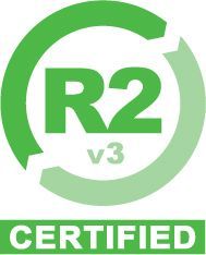 A green and white logo for r2 v3