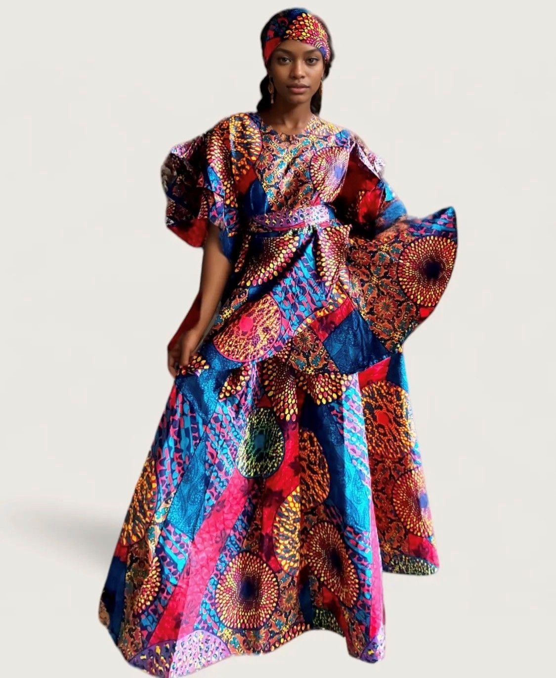 Woman in colorful African print dress and headwrap, posing, outdoors.