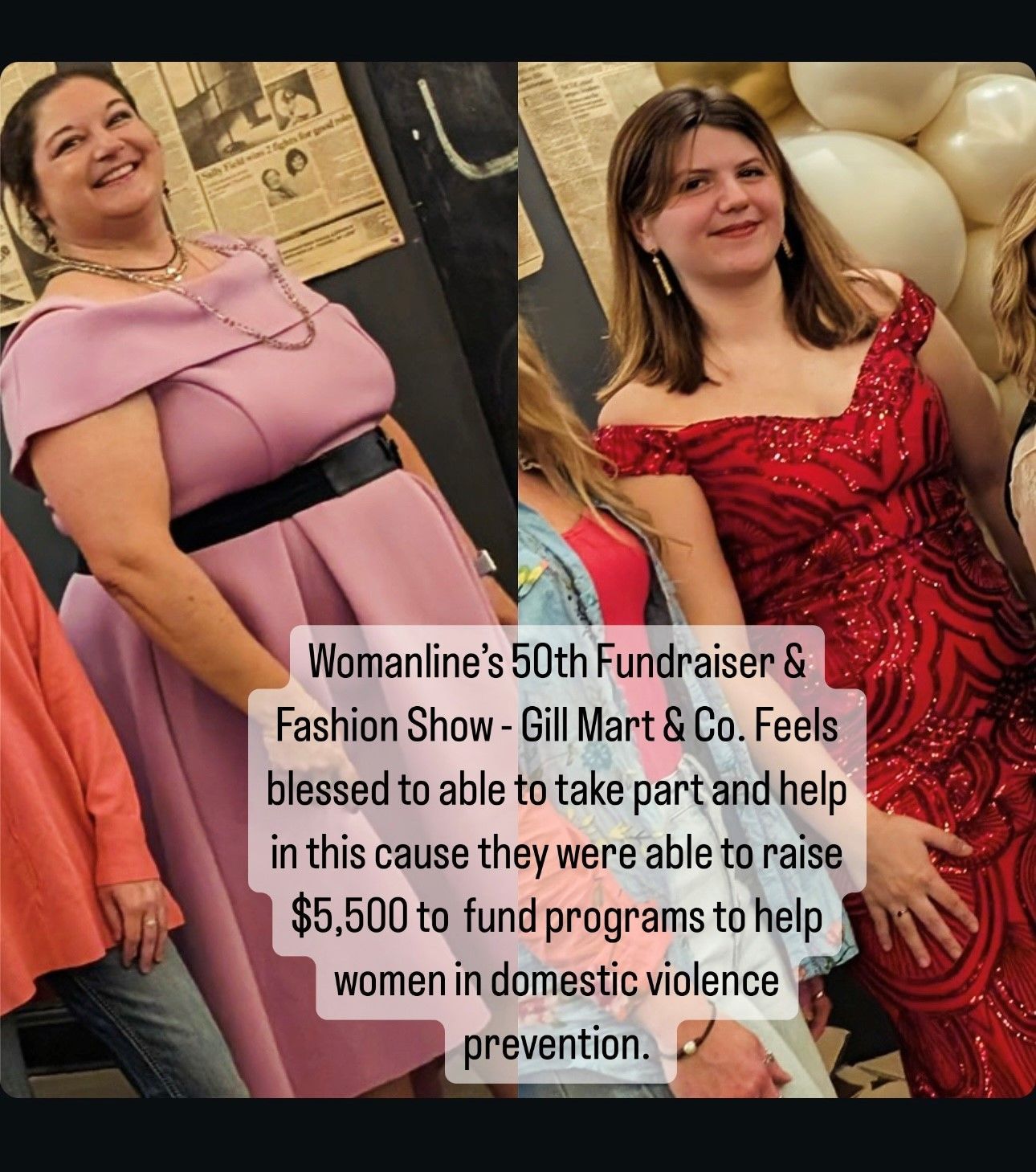 A woman in a pink dress is standing next to a woman in a red dress