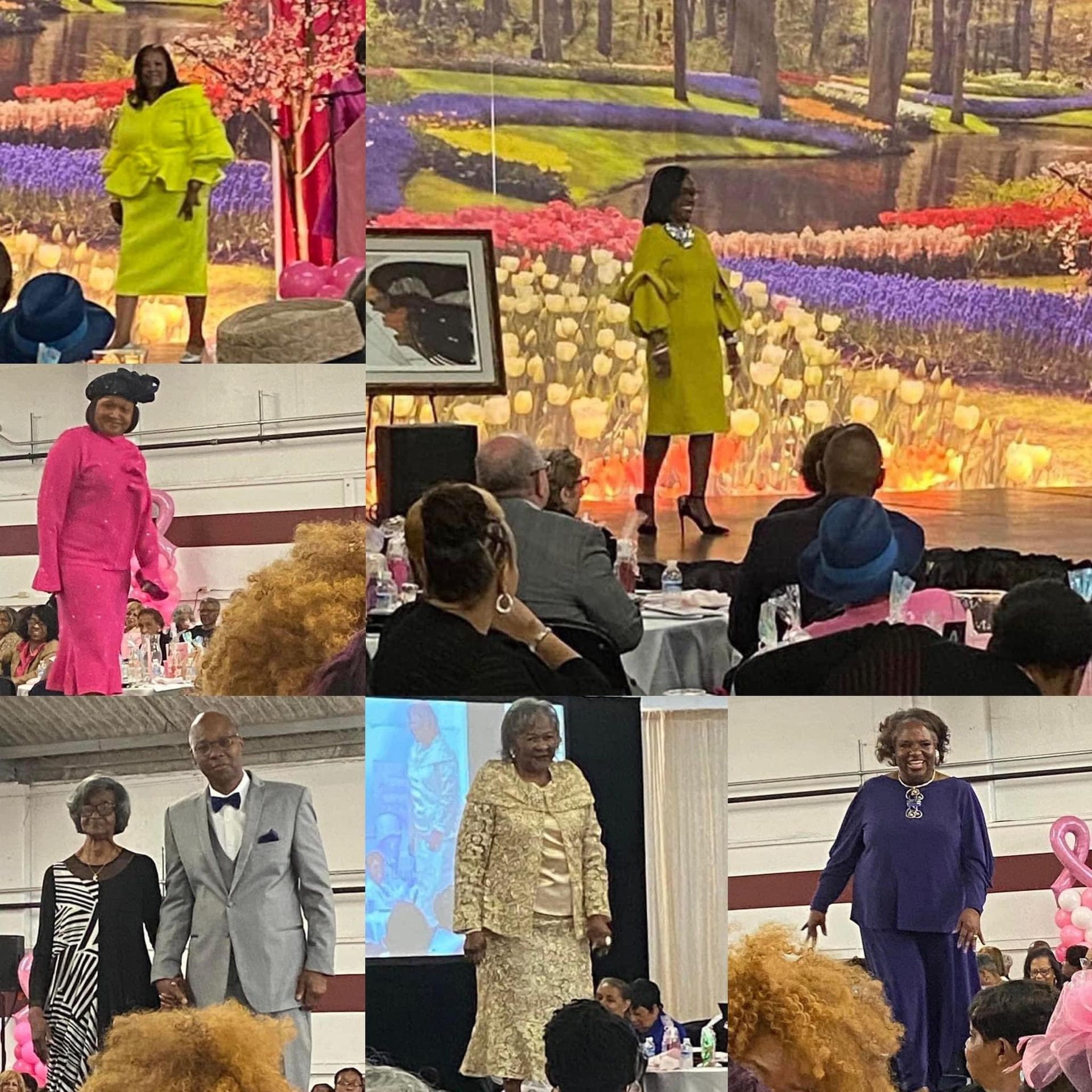 A collage of photos of a woman in a yellow dress